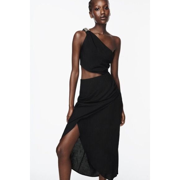 ZARA GOLD APPLIQUÉ ASYMMETRIC MIDI DRESS - Picture 1 of 7